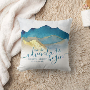 Let The Adventure Begin Blue Gold Mountain Wedding Throw Pillow