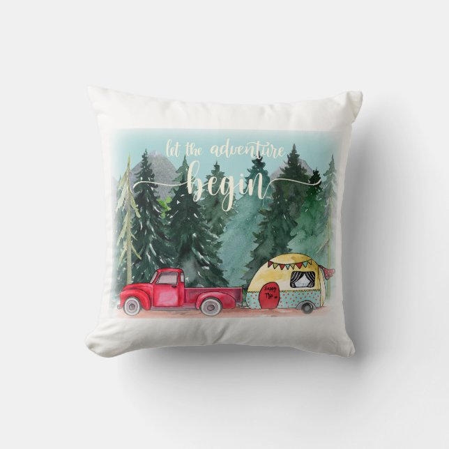 Let The Adventure Begin Forest Camping Throw Pillow (Front)