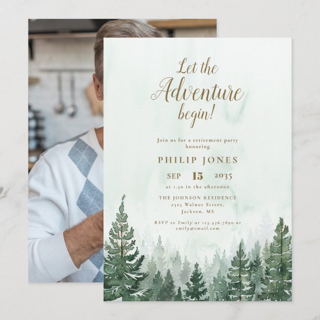 Let The Adventure Begin Forest Photo Retirement Invitation (Front/Back)