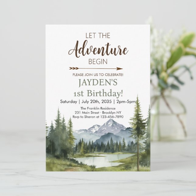 Let the Adventure Begin Forest Rustic 1st Birthday Invitation (Standing Front)