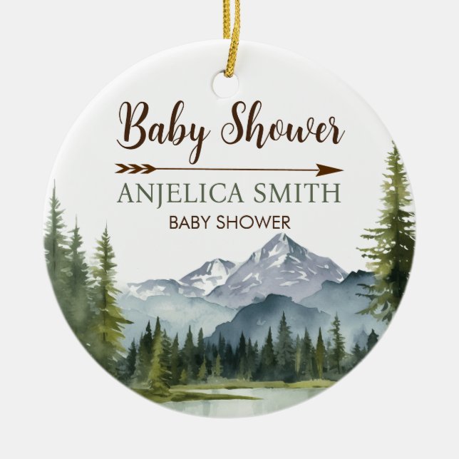 Let the Adventure Begin Forest Rustic Baby Shower Ceramic Ornament (Front)