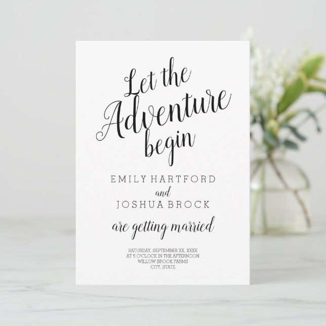 Let the adventure begin modern minimalist wedding  invitation (Standing Front)