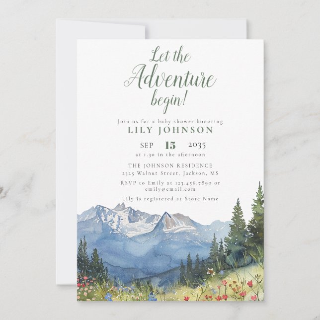 Let The Adventure Begin Mountain Baby Shower Invitation (Front)