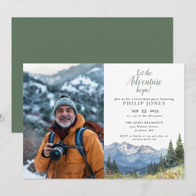 Let The Adventure Begin Mountain Photo Retirement Invitation (Front/Back)