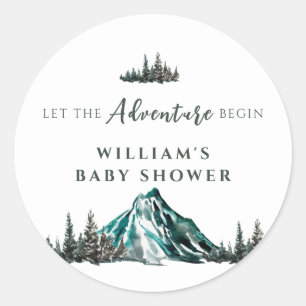 Let The Adventure Begin Mountain Pine Baby Shower Classic Round Sticker