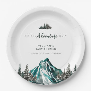 Let The Adventure Begin Mountain Pine Baby Shower Paper Plate