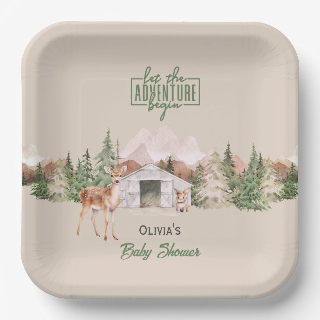 Let the Adventure Begin Mountain Sage Baby Shower Paper Plate (Front)