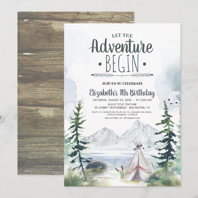 Let The Adventure Begin Mountains Camping Birthday Invitation (Front/Back)