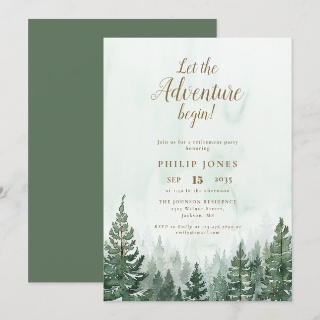 Let The Adventure Begin Pine Forest Retirement Invitation (Front/Back)
