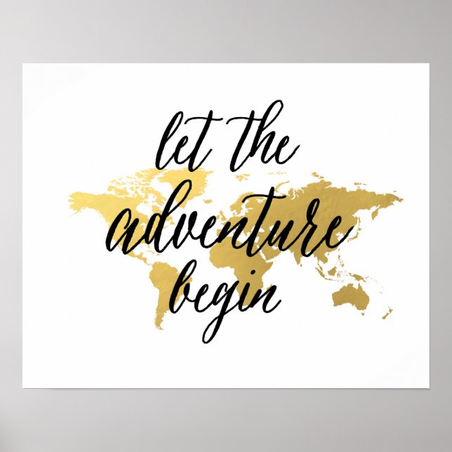 Let the adventure begin quote | gold world map poster (Front)