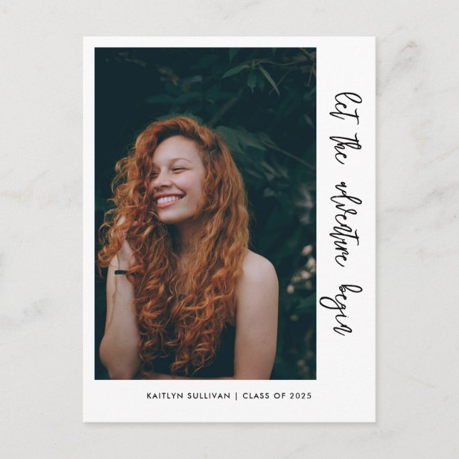 Let The Adventure Begin Script Casual | Graduate Announcement Postcard (Front)