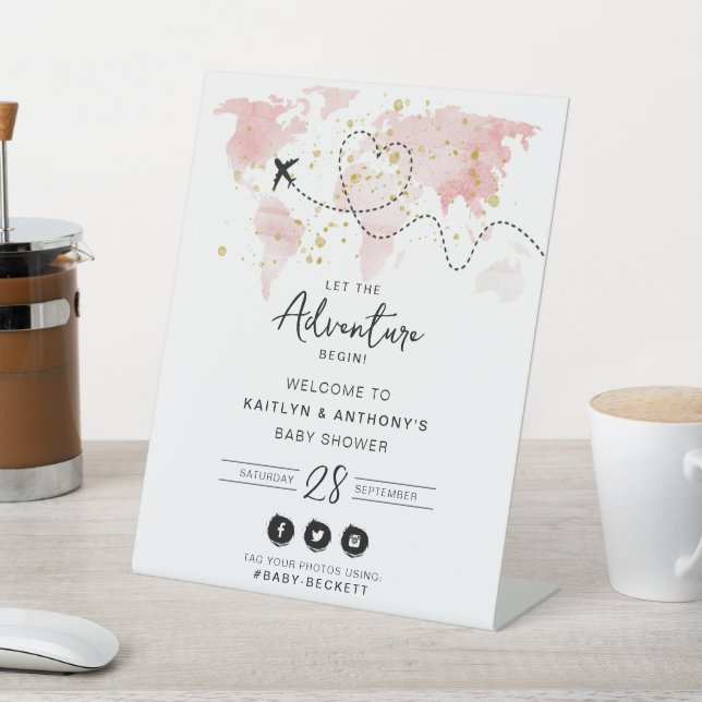 "Let The Adventure Begin!" Travel Map Baby Shower Pedestal Sign (In SItu)