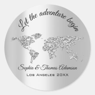 Let The Adventure Begin Wedding  World Globe Grey Classic Round Sticker