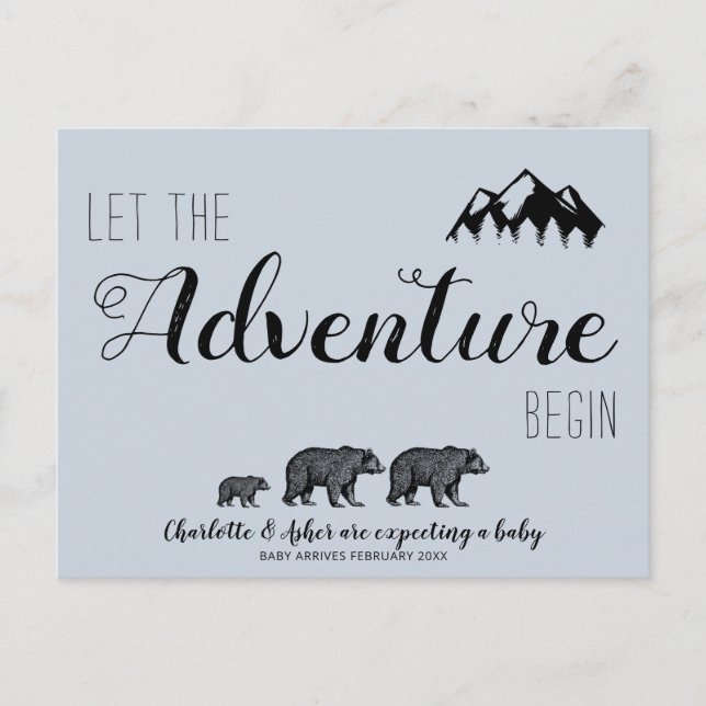 Let The Adventure Begin Woodland Bears Pregnancy  Announcement Postcard (Front)