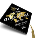 Let The Adventure Begin | World Map Graduation Cap Topper<br><div class="desc">Travel themed graduation cap topper featuring a stylish black background that can be changed to any colour,  a faux gold foil world map,  compass,  plane,  the saying "let the adventure begin",  the graduates name,  school/college,  and class year.</div>