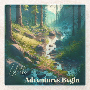 Let the Adventures Begin   Camping Hiking Trail Glass Coaster