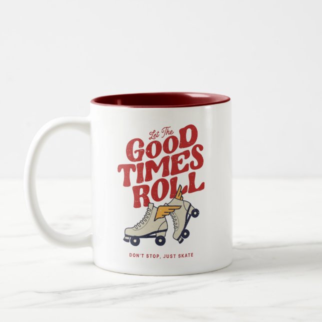 LET THE GOOD TIMES ROLL 80s RETRO ROLLER SKATE Two-Tone Coffee Mug (Left)