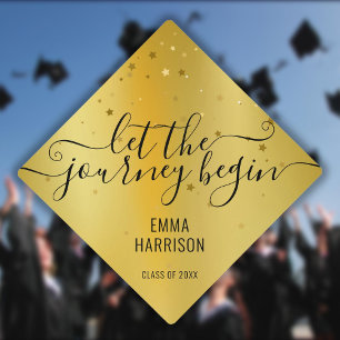 Let The Journey Begin Gold Stars Glitter Graduation Cap Topper