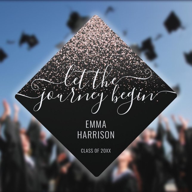 Let The Journey Begin Pink Glitter Sparkles Name Graduation Cap Topper (Creator Uploaded)