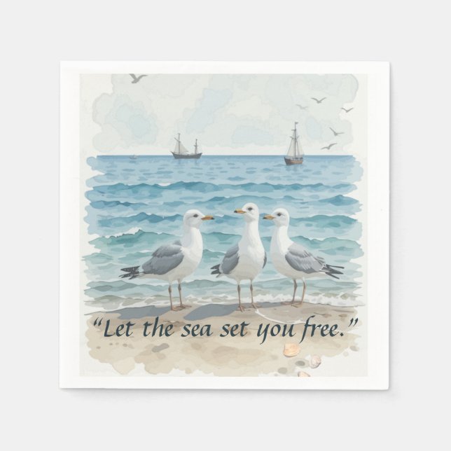 Let the Sea Set You Free – Beach and Seagull Water Napkin (Front)