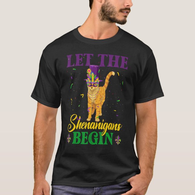 Let The Shenanigans Begin Mardi Gras Cat T-Shirt (Front)
