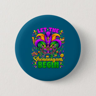 Let The Shenanigans Begin Mardi Gras Jester Mask M 2 Inch Round Button