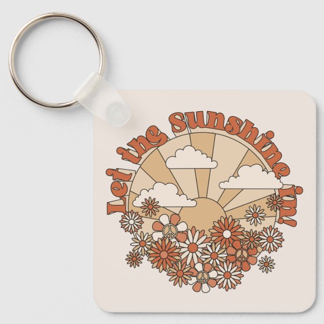 Let the Sunshine In Groovy Daisy Hippie Flowers Keychain (Front)