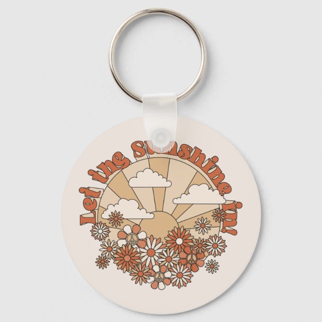 Let the Sunshine In Groovy Daisy Hippie Flowers Keychain (Front)