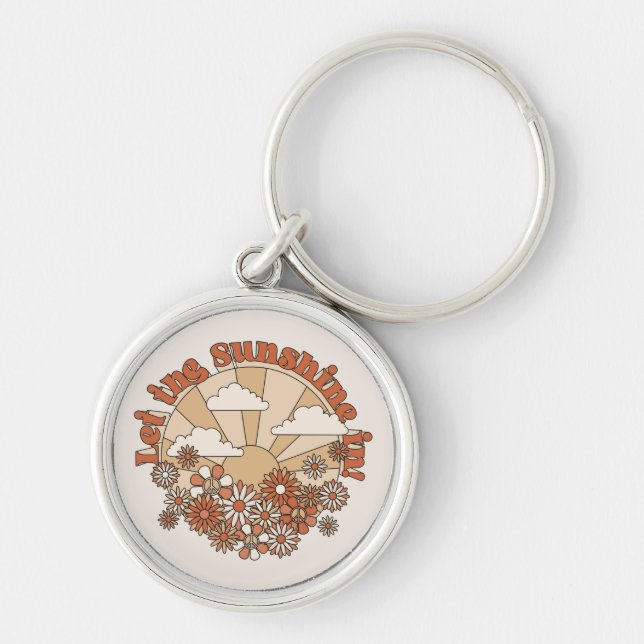 Let the Sunshine In Groovy Daisy Hippie Flowers Keychain (Front)