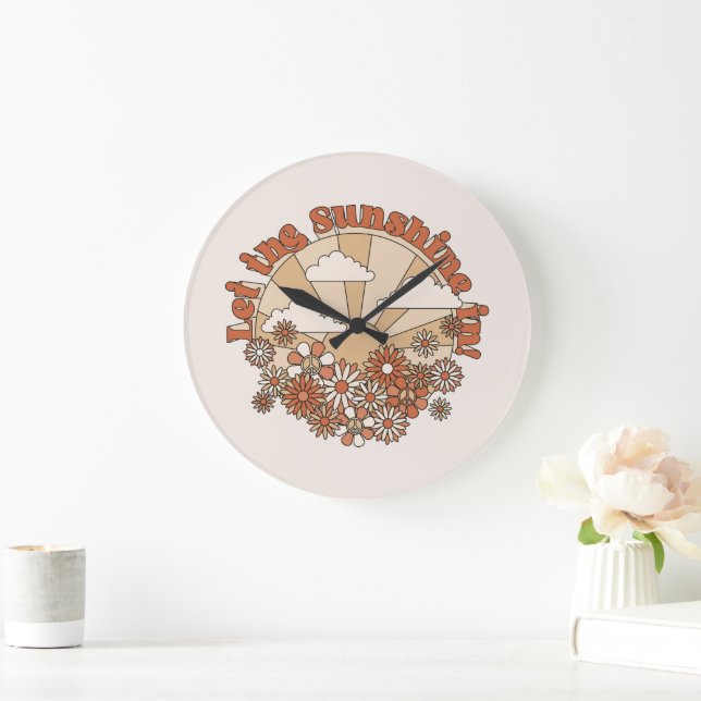 Let the Sunshine In Groovy Daisy Hippie Flowers Large Clock (Home)