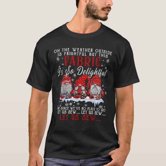 Let Us Sew Three Gnomes Sewing Quilting Christmas  T-Shirt (Front)
