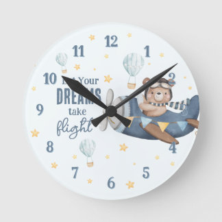 Let Your Dream Take Flight Cute Bear Blue Plane  Round Clock