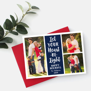 Let Your Heart Be Light Navy Modern Photo Collage Holiday Card