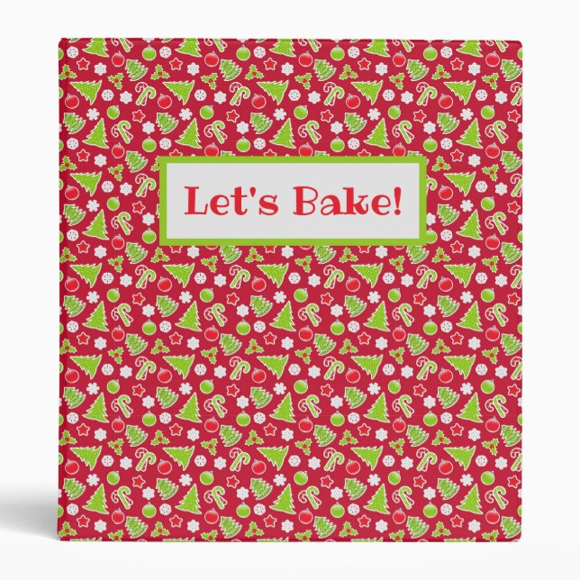 Let's Bake! Green Trees on Red Christmas Recipe  Binder (Front)