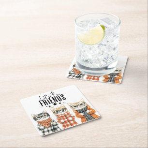 "Lets be Friends" Three Cute Cats Quote Classic Square Paper Coaster