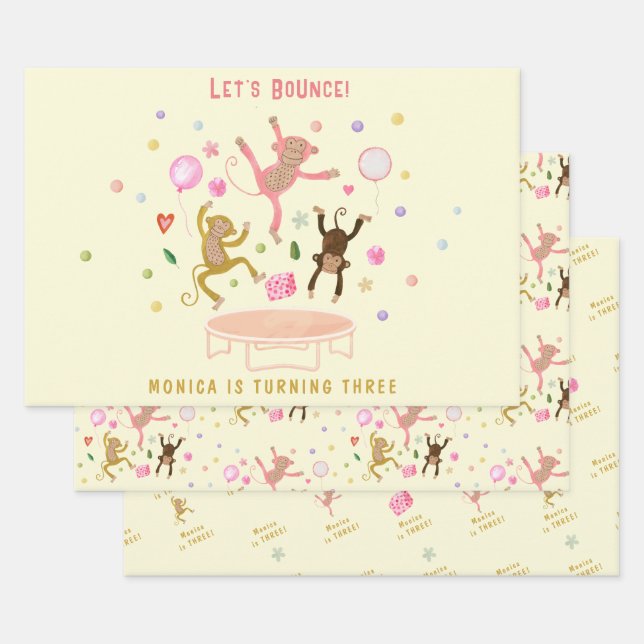 Let's bounce jumping monkeys kids birthday wrapping paper sheet (Set)