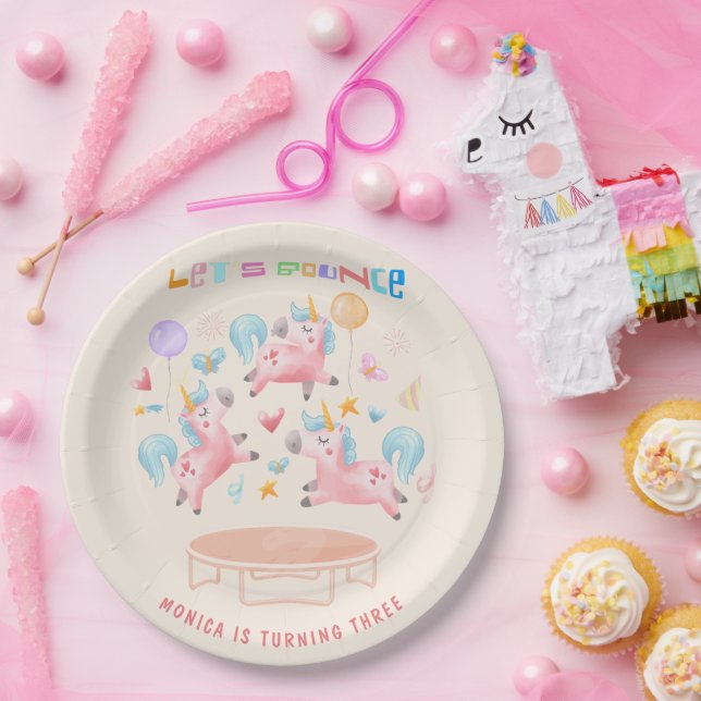 Let's bounce jumping unicorns kids birthday paper plate (Party)