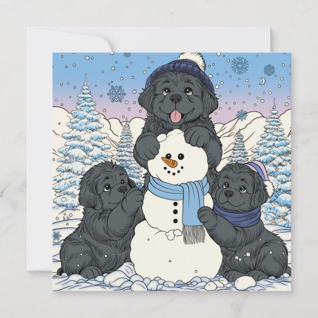 Lets Build a Snowman Newfoundland puppy dog Holiday Card (Front)