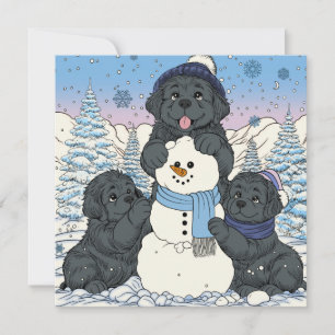 Lets Build a Snowman Newfoundland puppy dog Holiday Card
