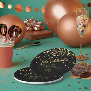 Lets Celebrate Black Gold Confetti Party Paper Plate