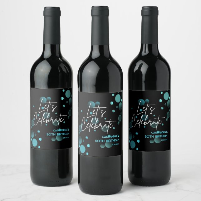 Let's Celebrate Blue Bokeh Gradient Black Birthday Wine Label (Bottles)