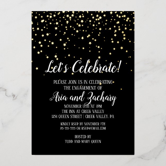 Let's Celebrate Confetti on Black Engagement Gold (Front)