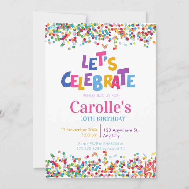 Let's celebrate Confetti Party birthday Invitation (Front)