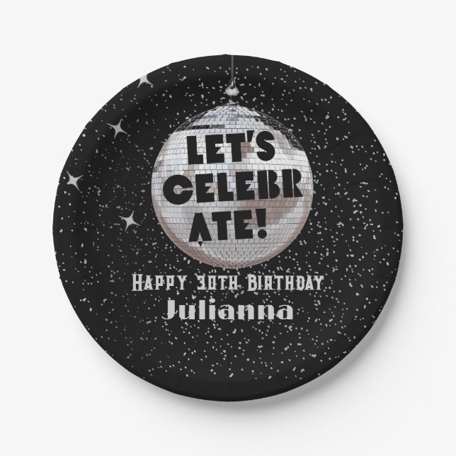 Let's Celebrate Disco Ball Black Birthday Paper Plate (Front)