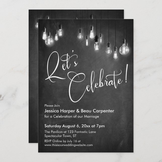 Let's Celebrate Edison Lights Chalkboard Reception Invitation (Front/Back)