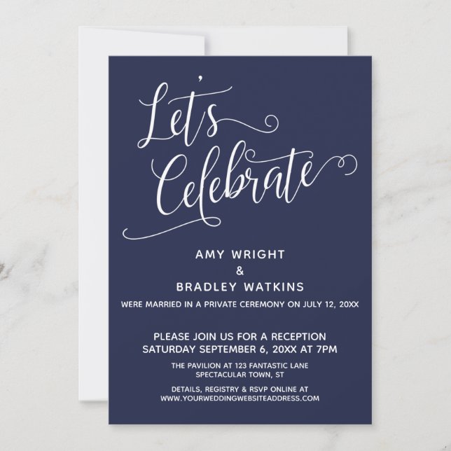 Let's Celebrate Elegant Navy Blue Reception-Only Invitation (Front)