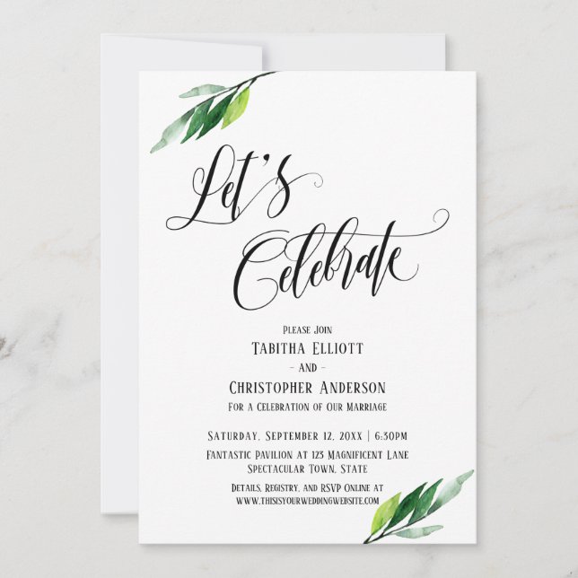Let's Celebrate Flourishing Script and Greenery Invitation (Front)