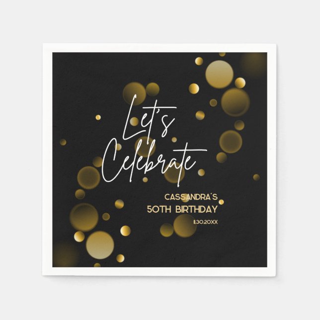 Let's Celebrate Gold Bokeh Gradient Black Birthday Napkin (Front)