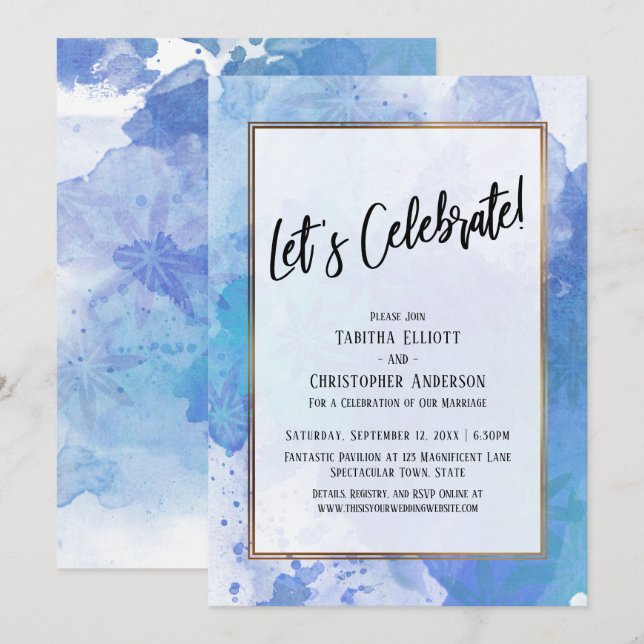 Let's Celebrate Gold Border Abstract Blue Splash Invitation (Front/Back)