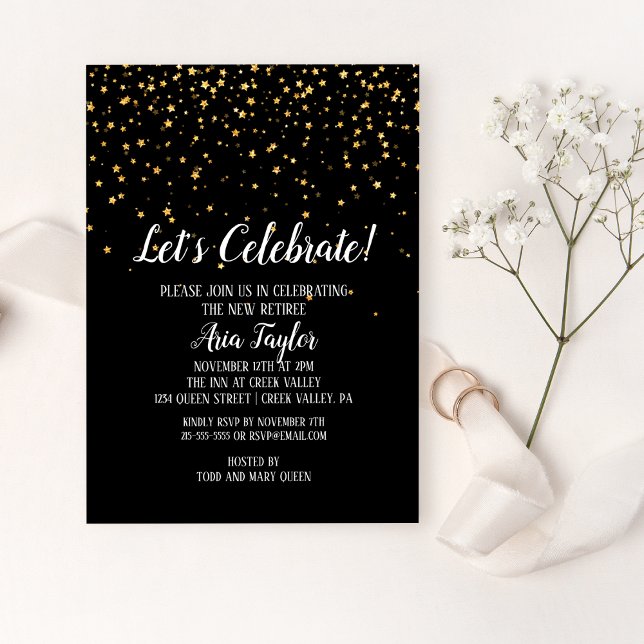 Let's Celebrate Gold Confetti on Black Retirement Invitation (Creator Uploaded)